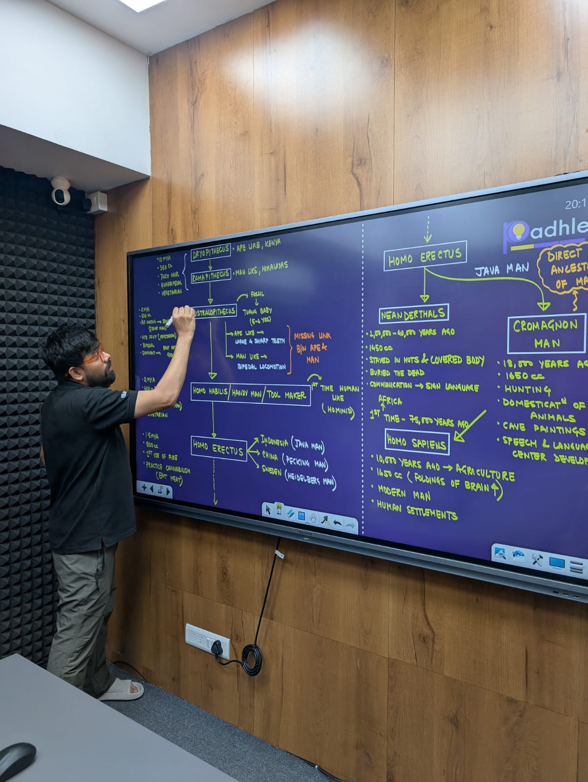 A The200 Biology teacher writing a human evolution flowchart on the studio smartboard during class