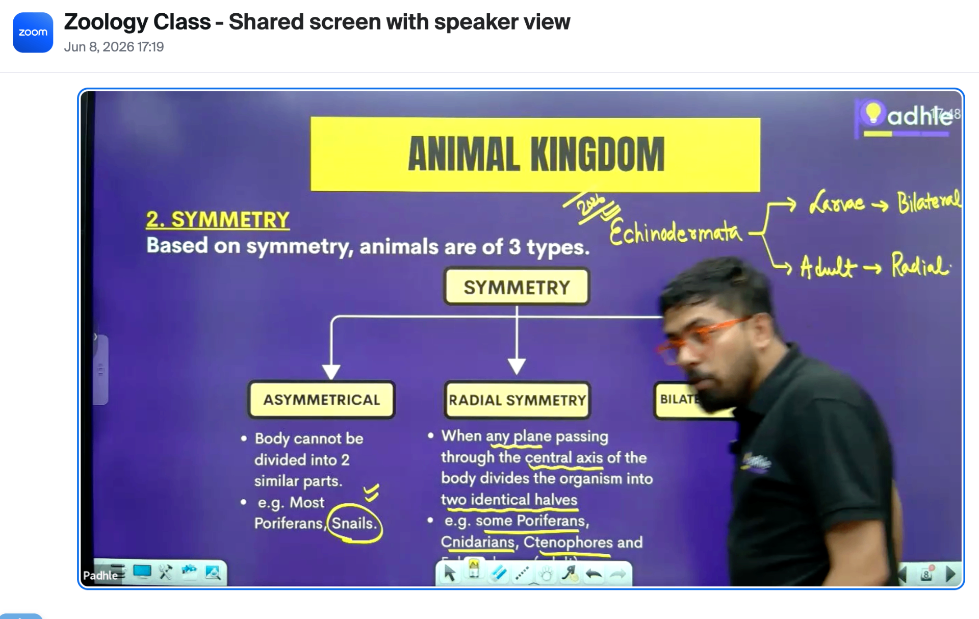 A recorded The200 Zoology class covering Animal Kingdom symmetry on screen
