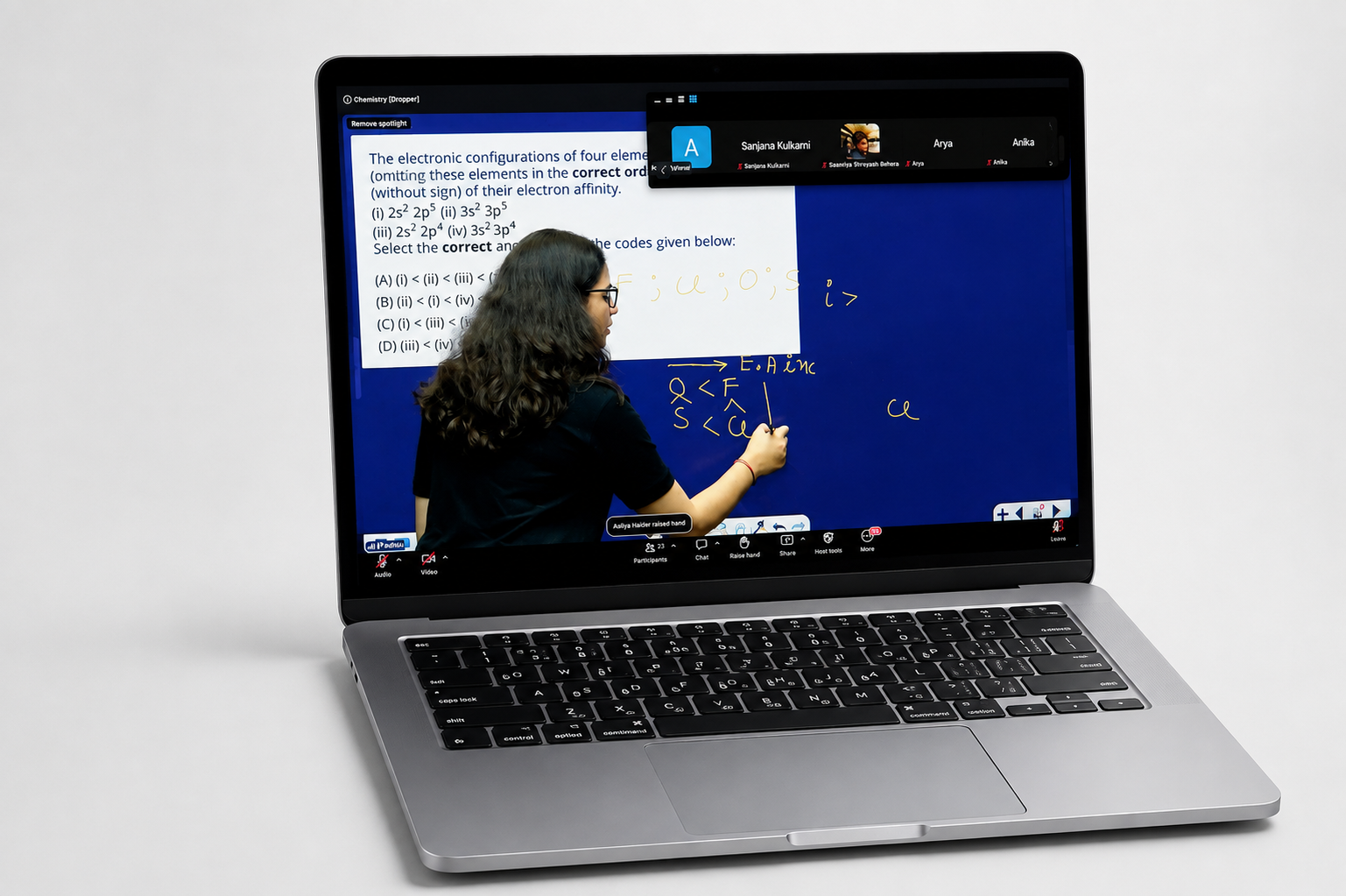 A The200 faculty member solving a Chemistry question on the digital board during a live Zoom class, seen on a laptop